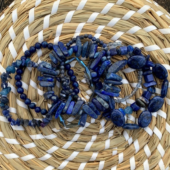 Natural Dark Blue Lapis Lazuli & Sodalite Gemstone Mixed Bead Bracelet Stack - Picture 9 of 12